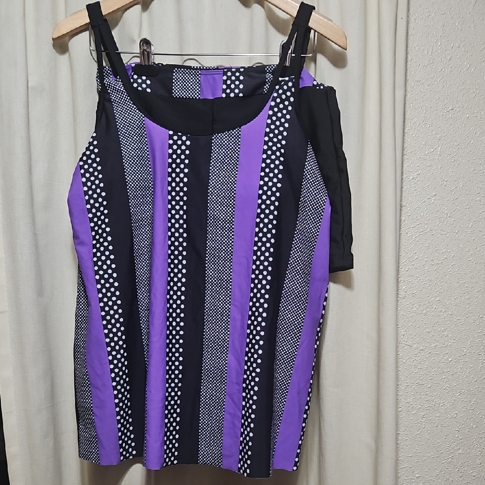 SHEIN Purple and Black Striped Polka Dot Bikini Top